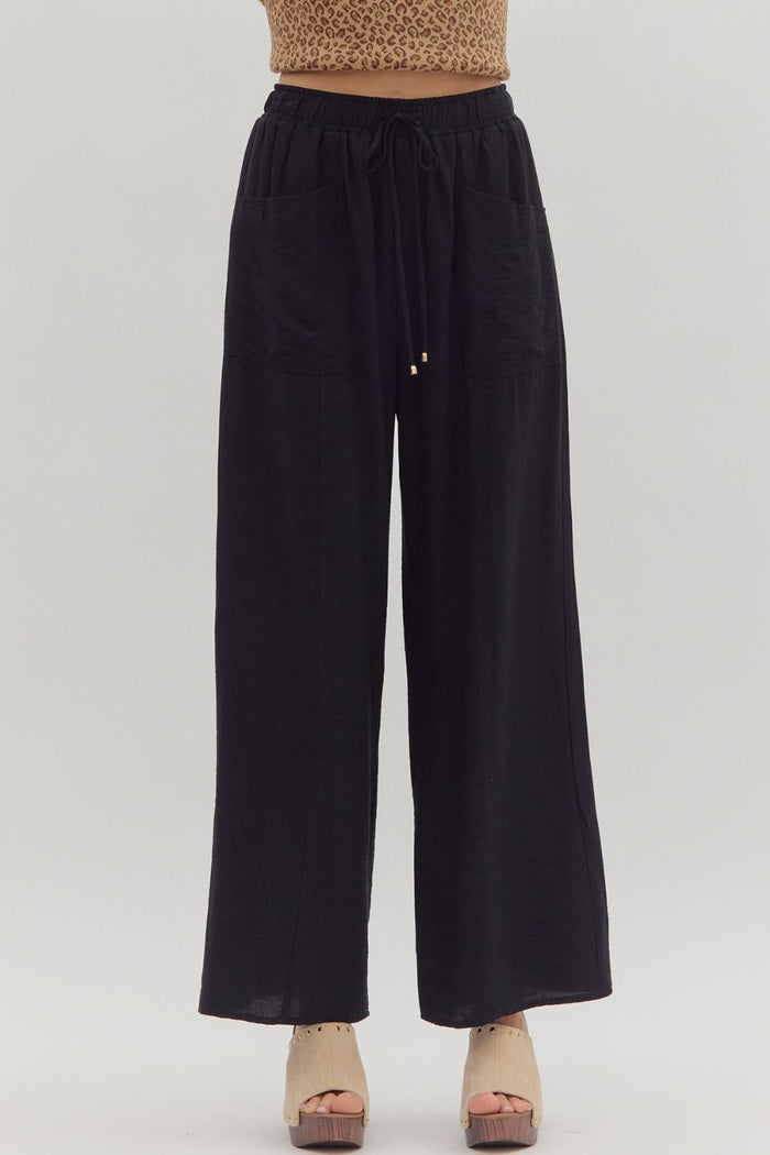 Solid high-waist pull-on wide-leg pants