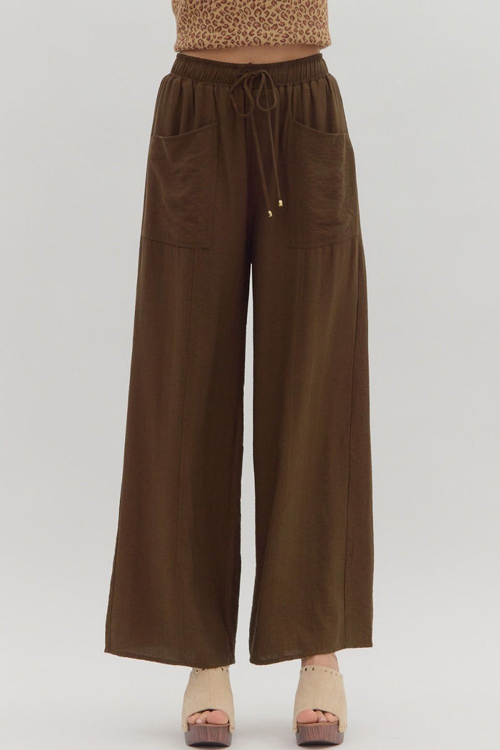 Solid high-waist pull-on wide-leg pants