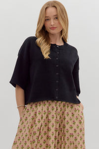 Solid ¾ wide sleeve sweater knit button front top