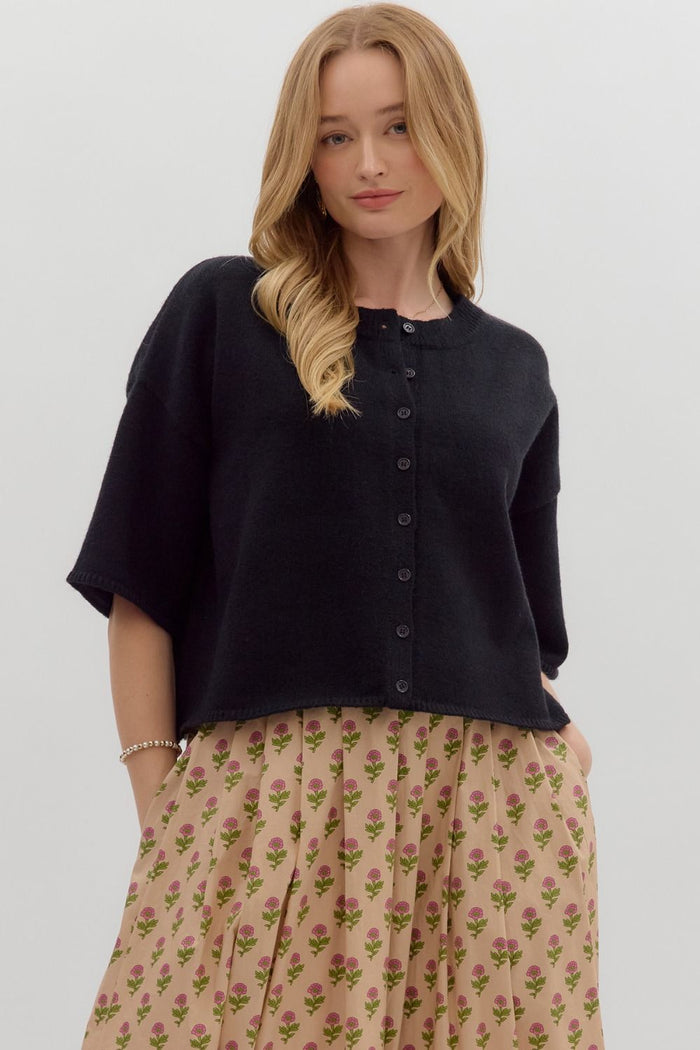 Solid ¾ wide sleeve sweater knit button front top