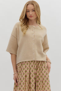 Solid ¾ wide sleeve sweater knit button front top