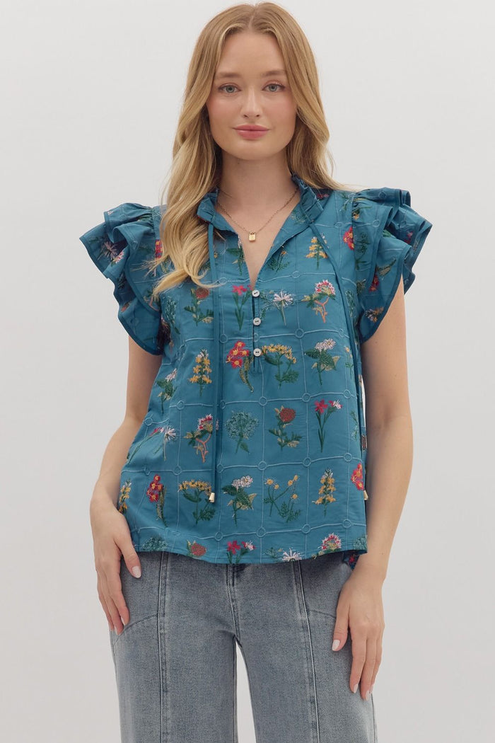 Floral print tiered flutter sleeve top