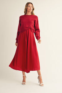 Long sleeves soft texture sweater w/ Sleeveless solid fabric mix match midi dress