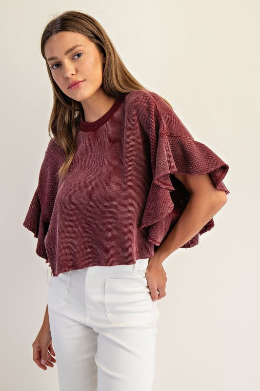 Waffle Knit Tiered Flutter Sleeve Crop Top