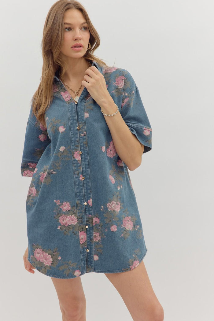 Floral print elbow-length sleeve shirt dress.