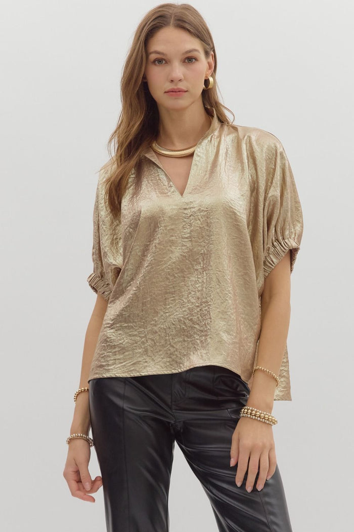 Metallic V-neck band collar short dolman sleeve top