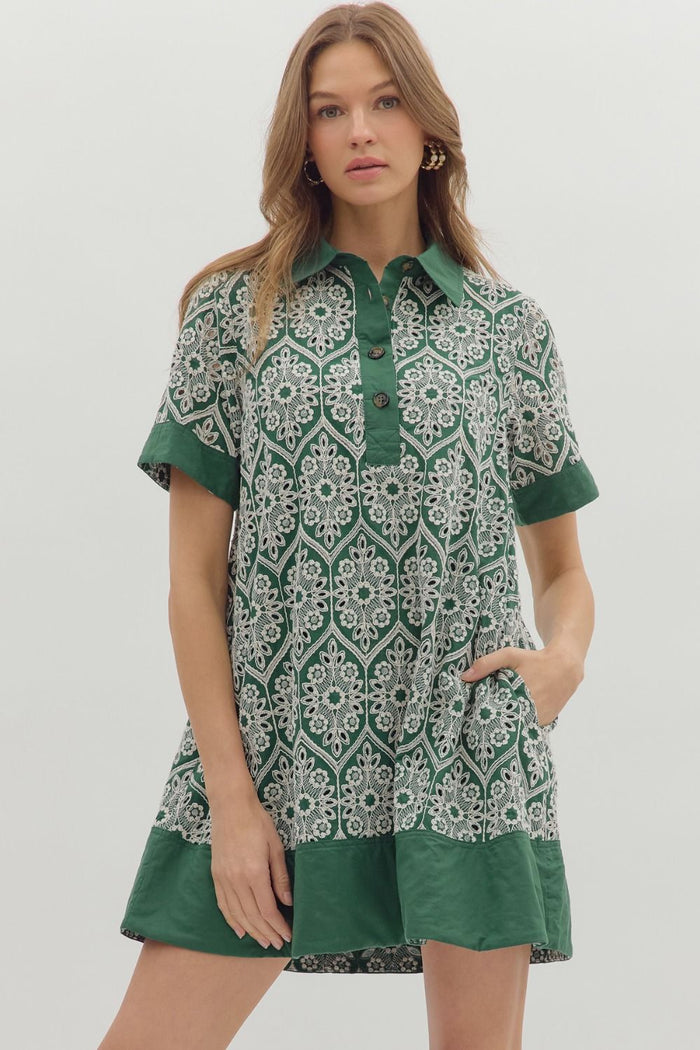 Embroidered contrast band and hem short sleeve swing dress