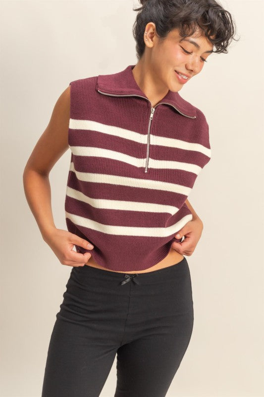 Striped Knit Half Zip Sweater Vest