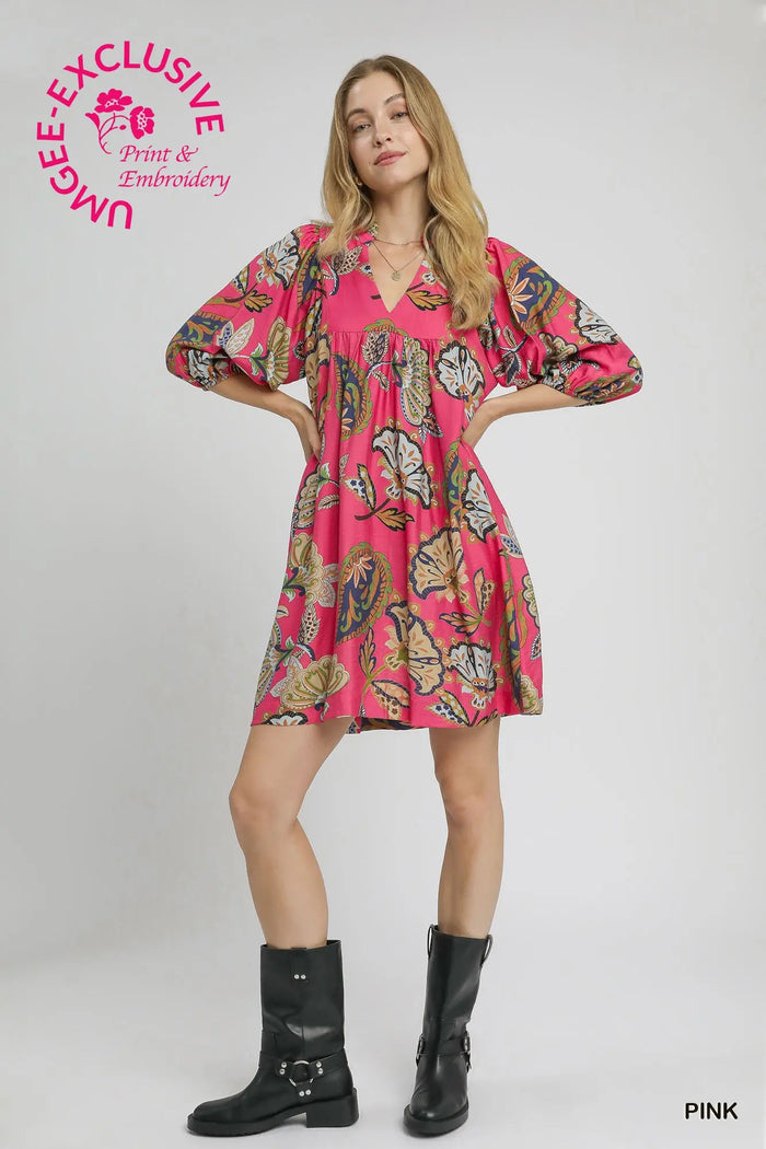 Abstract Print Puff Sleeve Babydoll Dress