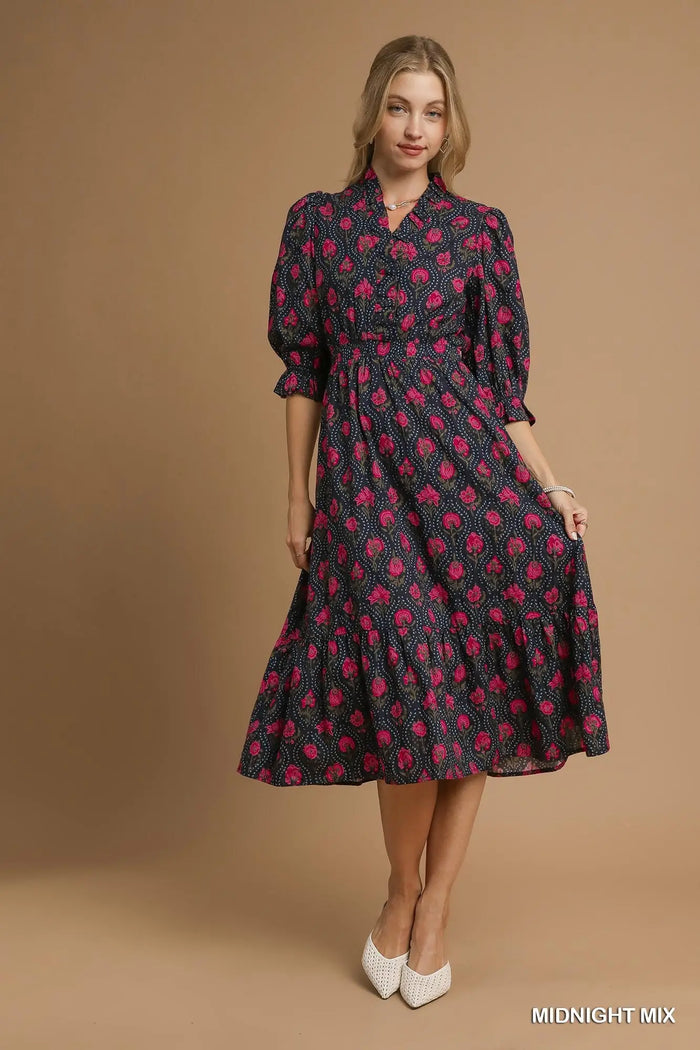 Mix Puff Sleeve Midi Dress