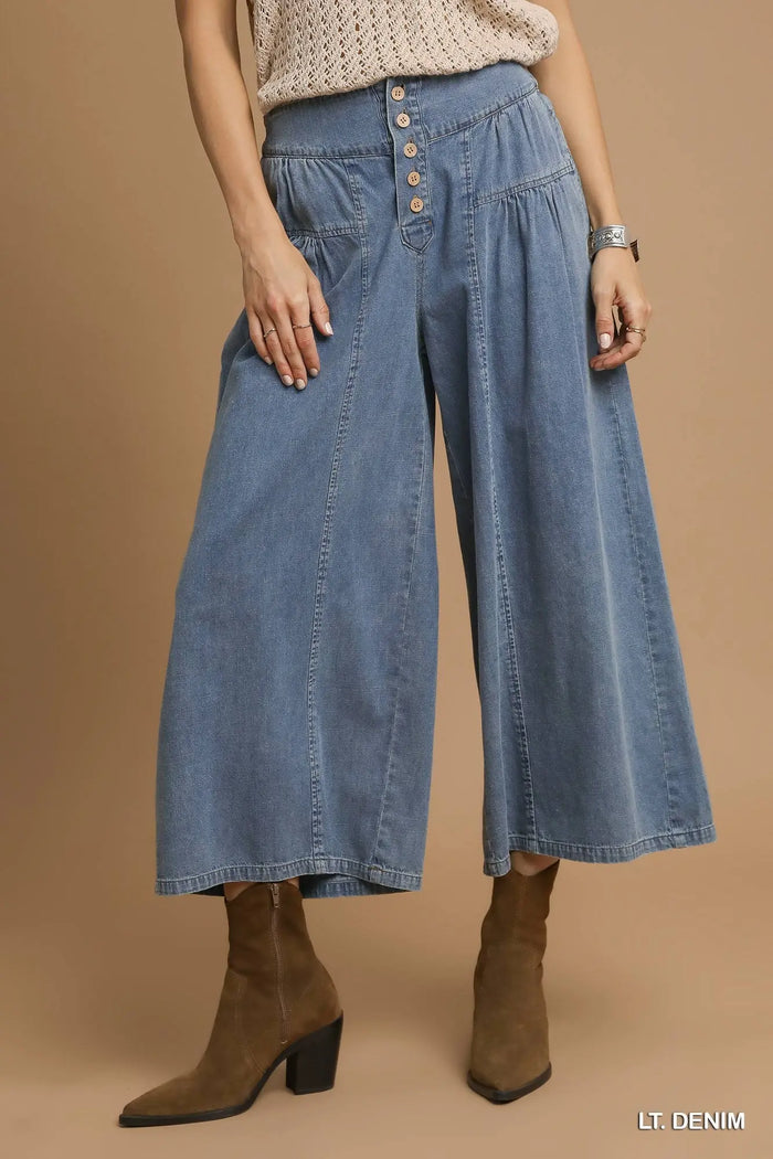 Stone Washed Wide-Leg Button-Front Culottes
