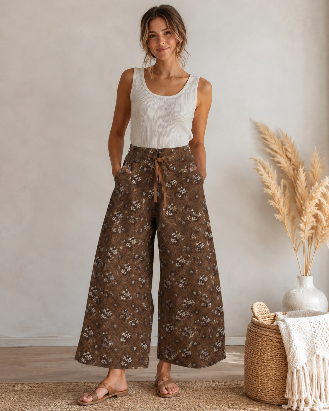 Fall Floral Denim Pants - Brown