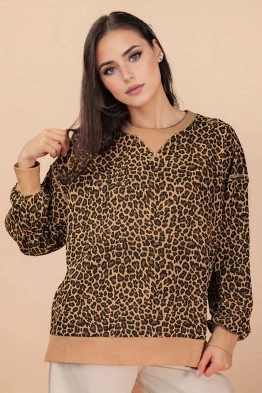 Leopard & Camo Printed Knit Casual Top