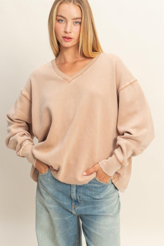 Oversized V-neck Sweatshirt With Raw Edge Detail