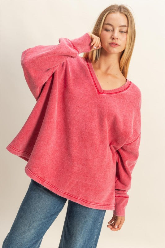 Oversized V-neck Sweatshirt With Raw Edge Detail