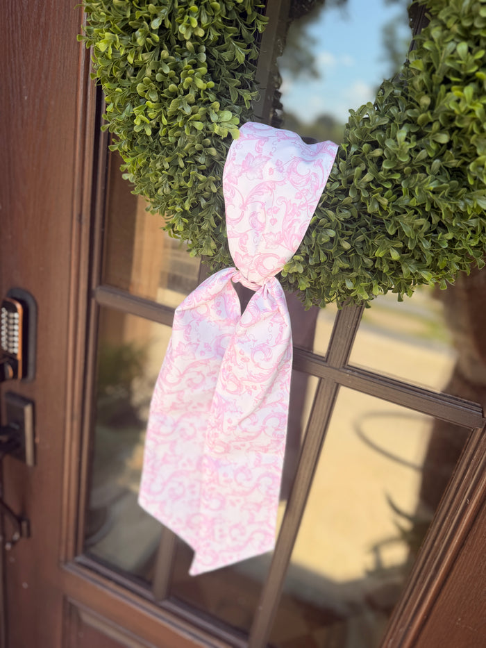 4"x 56" taffeta acanthus scroll chinoiserie SASH, light pink & white