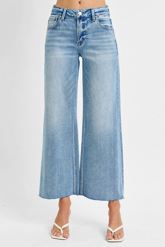 Risen Mid Rise Crop Wide Raw Cut Hem Jeans