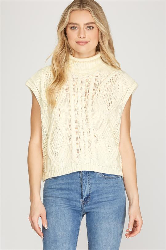 DROP SHOULDER SLEEVELESS MOCK NECK CABLE SWEATER VEST