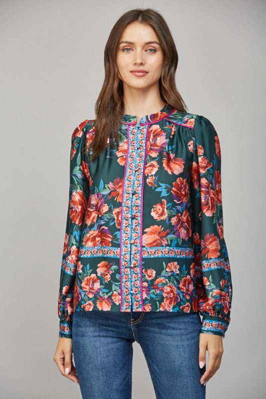 Front Button Closure Long Sleeve Print Blouse