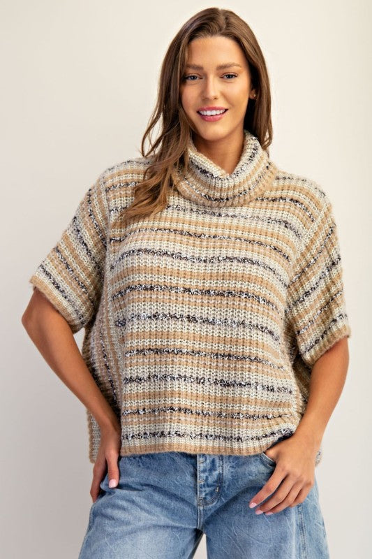Striped Boucle Short Sleeve Turtleneck Sweater