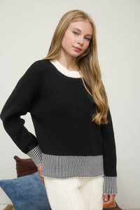 Contrast Stripe Hem Long Sleeve Knit Sweater