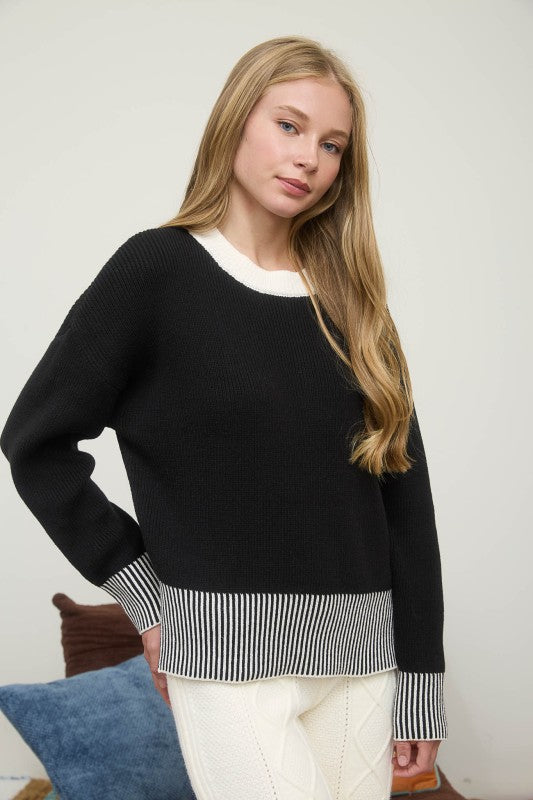 Contrast Stripe Hem Long Sleeve Knit Sweater