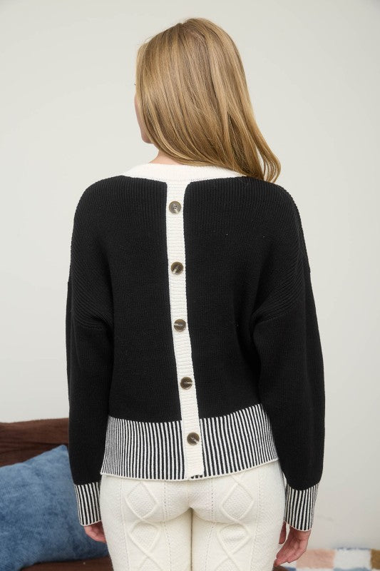 Contrast Stripe Hem Long Sleeve Knit Sweater