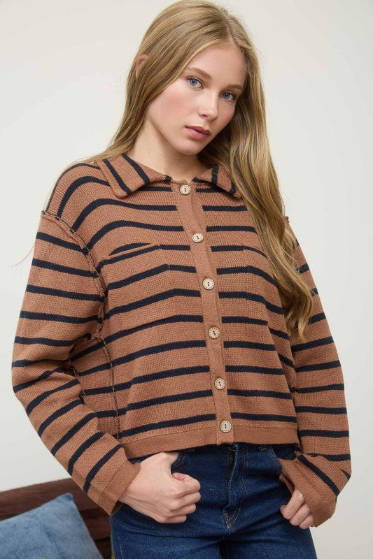Stripe Collared Exposed Seam Long Sleeve Cardigan