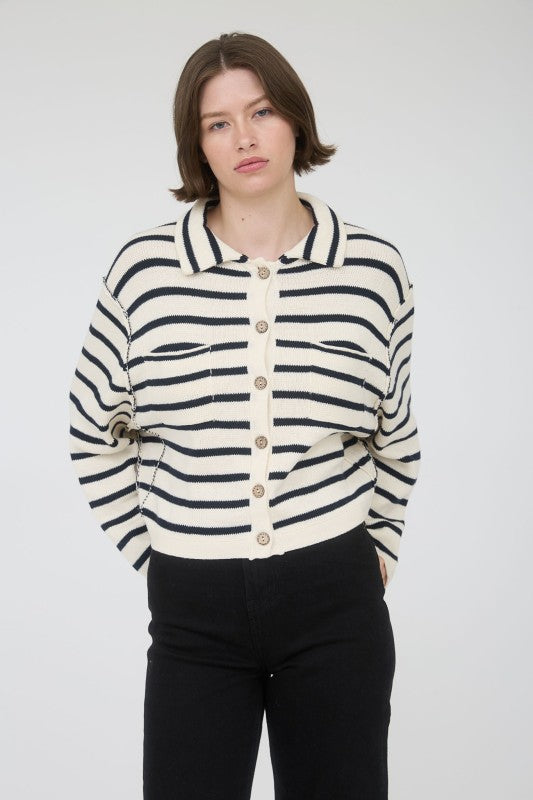 Stripe Collared Exposed Seam Long Sleeve Cardigan