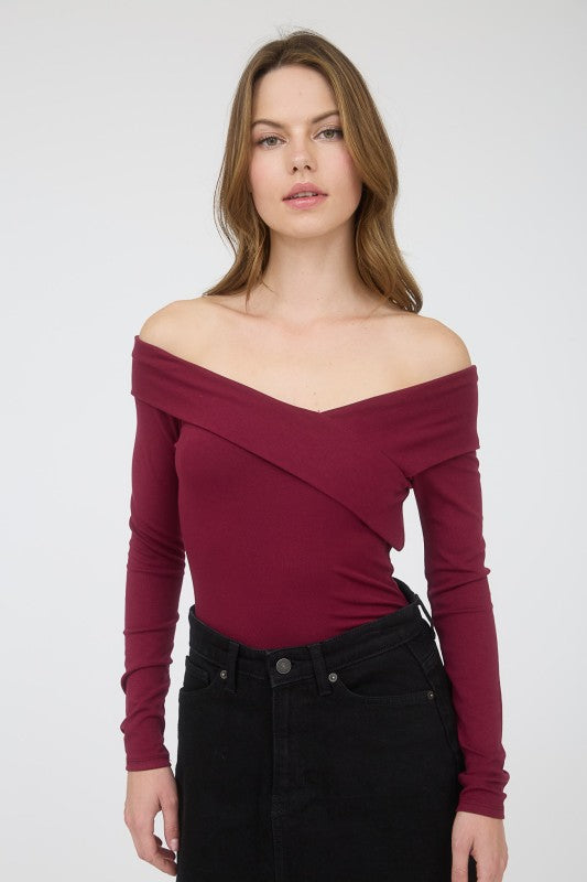 Off Shoulder Wrap Detail Long Sleeve Knit Top