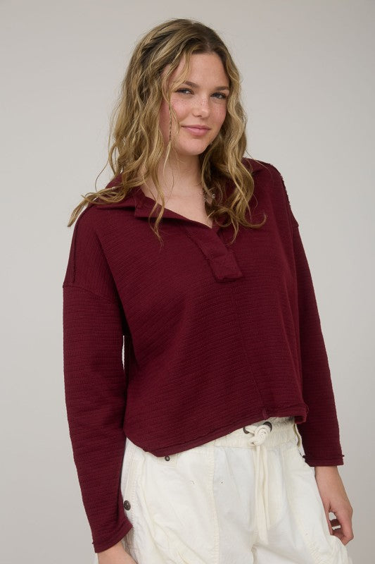 Exposed Seam Long Sleeve Textured Knit Polo