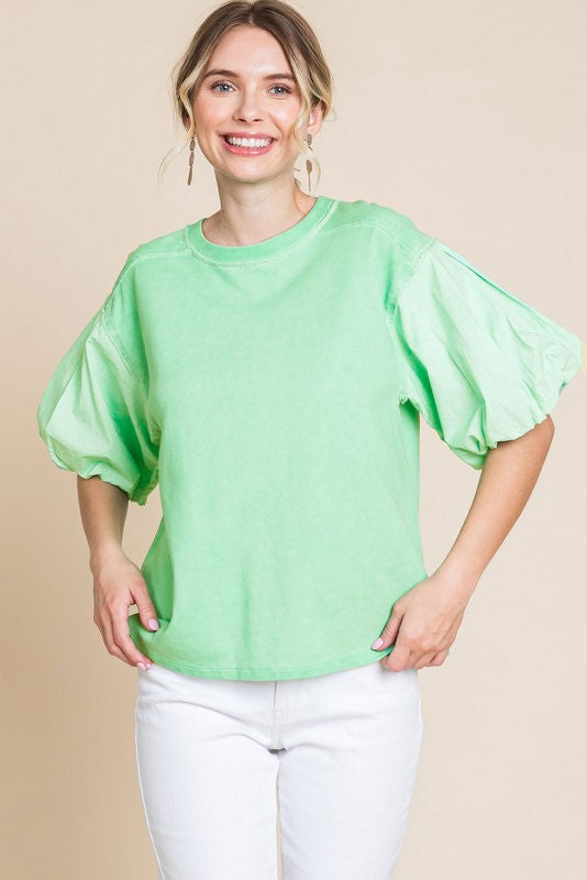 Mixed Fabric 1/2 Balloon Sleeves Top