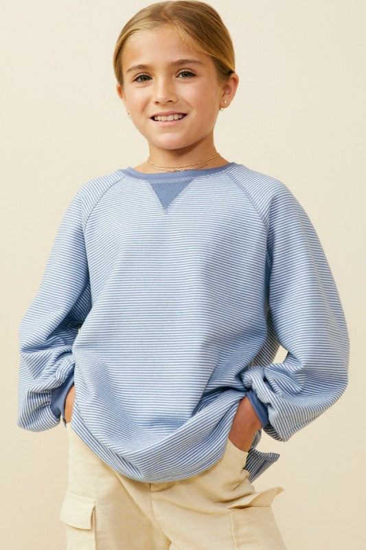 Girls Puff Sleeve Contrast Banded Knit Top