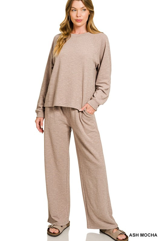 Slub Long Sleeve Top & Pants 2pcs Set