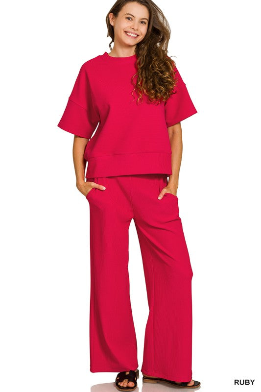 Ribbed Round Neck Tee & Pants Set