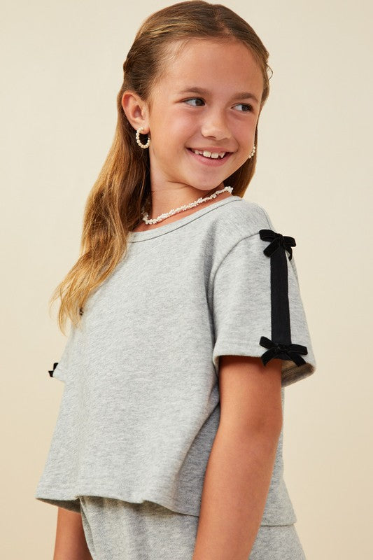 Girls Bow Trim Side Stripe Terry Top