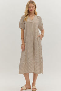 Stripe pattern textured pullover midi dress