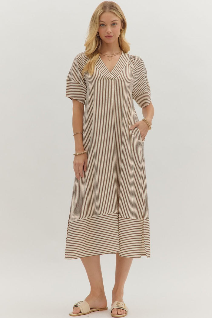Stripe pattern textured pullover midi dress