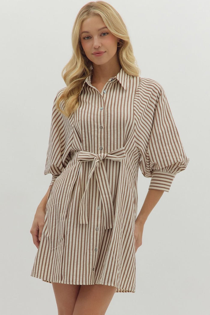 Striped 3/4 sleeve mini shirt dress featuring self-tie belt at waist.