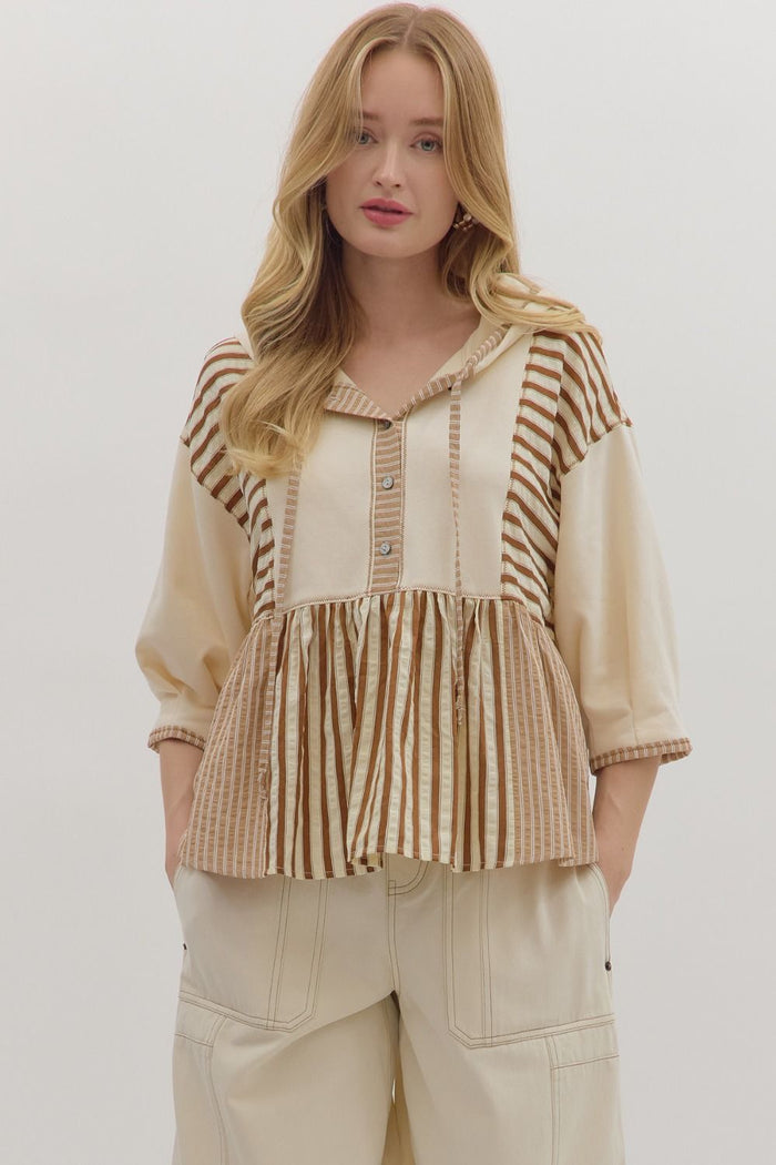 Striped 3/4 sleeve peplum hoodie top
