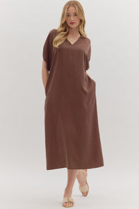 Solid short puff sleeve midi dress featuring V-neck and back slit