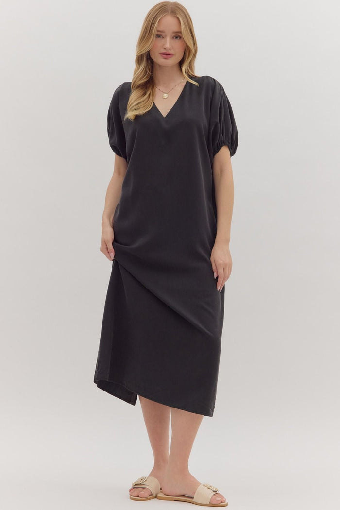 Solid short puff sleeve midi dress featuring V-neck and back slit