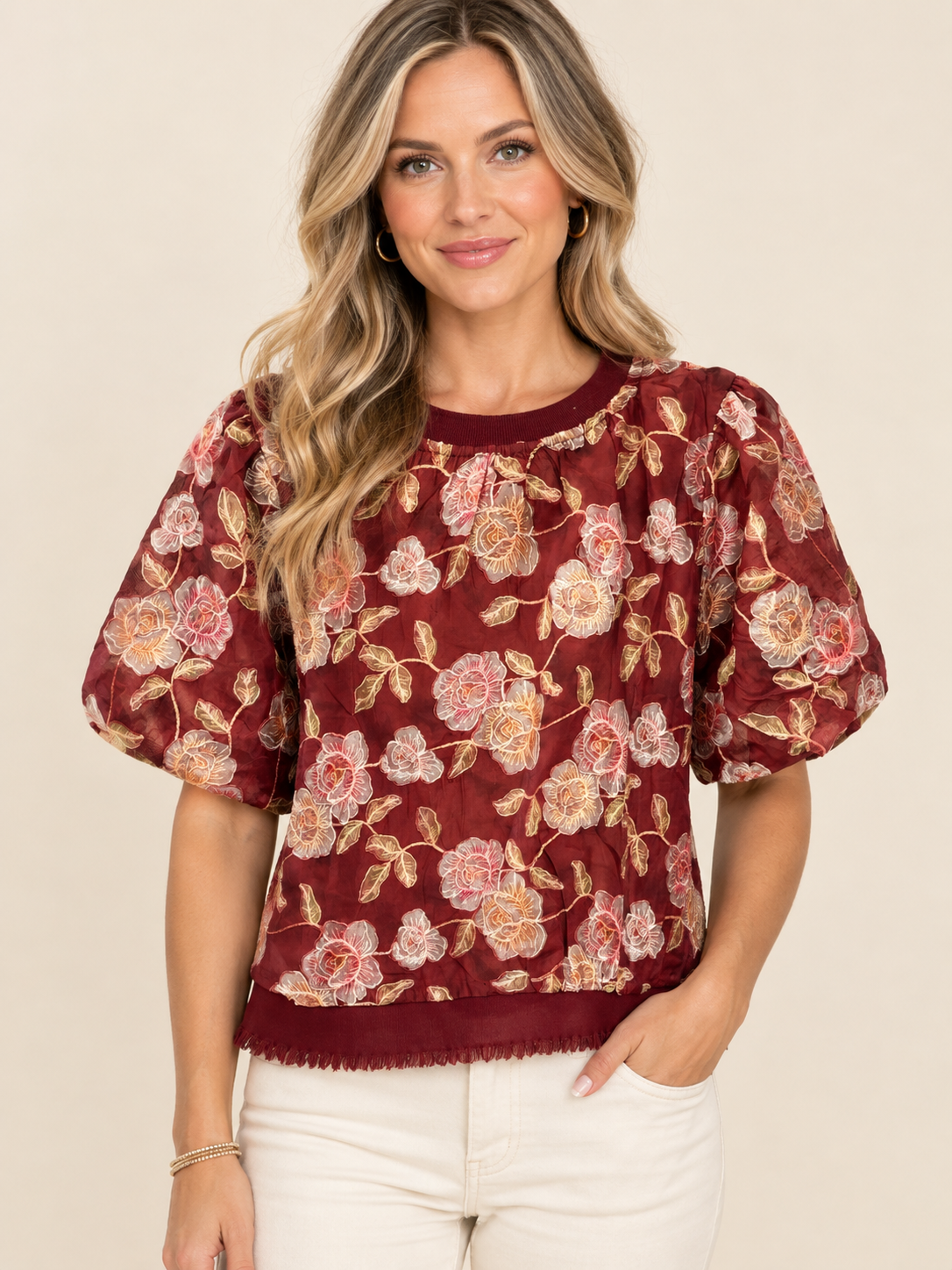 Short Bubble Sleeve Floral Embroidered Top