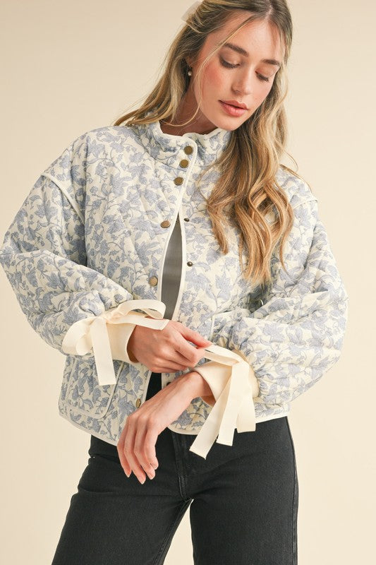 Floral Quilted Jacket With Bow Tie Ribbon Detail
