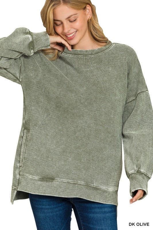 Acid Washed Double Ribbed Hi-low Pullover