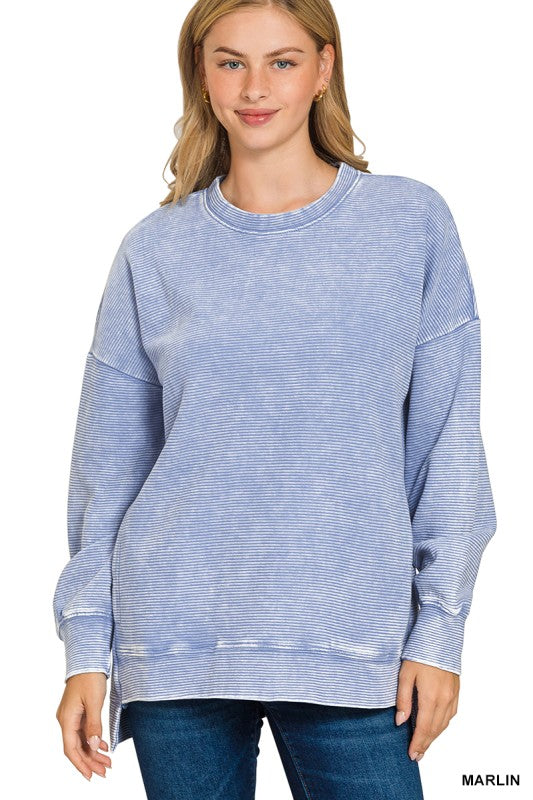 Acid Washed Double Ribbed Hi-low Pullover
