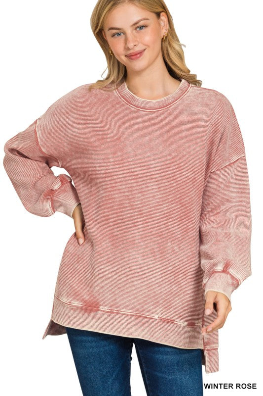 Acid Washed Double Ribbed Hi-low Pullover