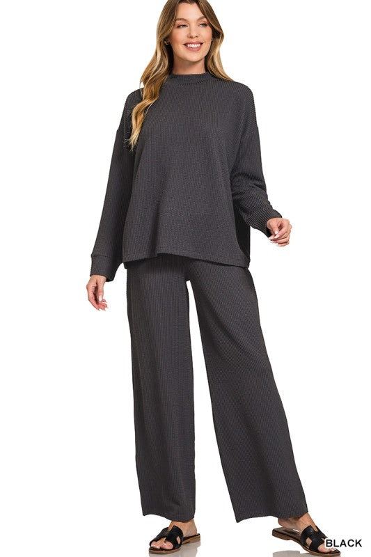 Raised Rib Mock Neck Long Sleeve Tee & Pants Set