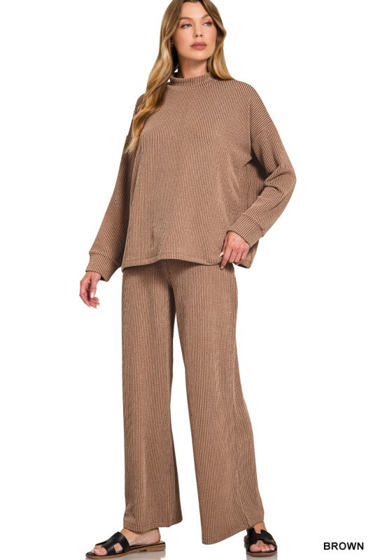 Raised Rib Mock Neck Long Sleeve Tee & Pants Set