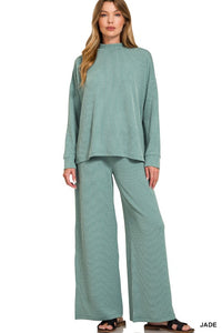 Raised Rib Mock Neck Long Sleeve Tee & Pants Set